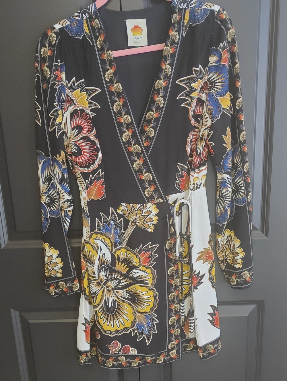 FARM Rio Black Floral Wrap Dress with Yellow, Blue & Red Accents